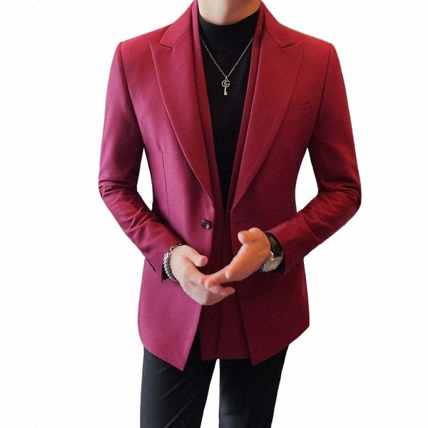 Burdy Luxo Colarinho Duplo Blazers Mens Cavalheiros Traje Cara Completa Elegante Homem Roupas Para Festa de Casamento Desgaste Claret Vermelho n65W #