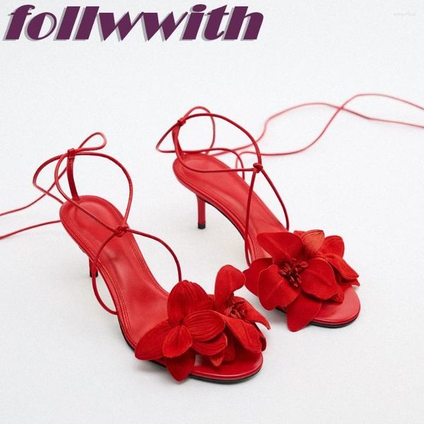 Kleid Schuhe Damen Solide Rote Blumen Sandalen Schnüren Einzigartige Sexy Kreuz Gebunden Stiletto Ferse Party 2024 Ankunft Sommer Frau