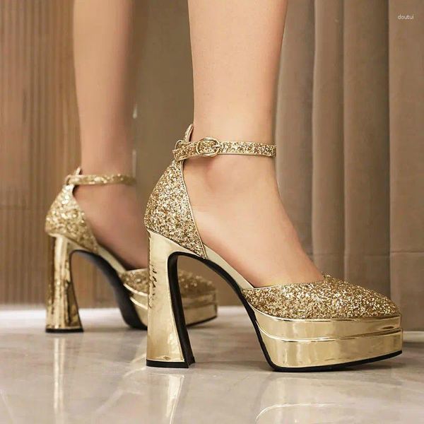 Sapatos de vestido Lantejoulas Glitter Bling Festa Noiva Brilhante Dourado Prata Apontou Toe Plataforma Mary Janes Verão Grosso Sandálias de Salto Alto