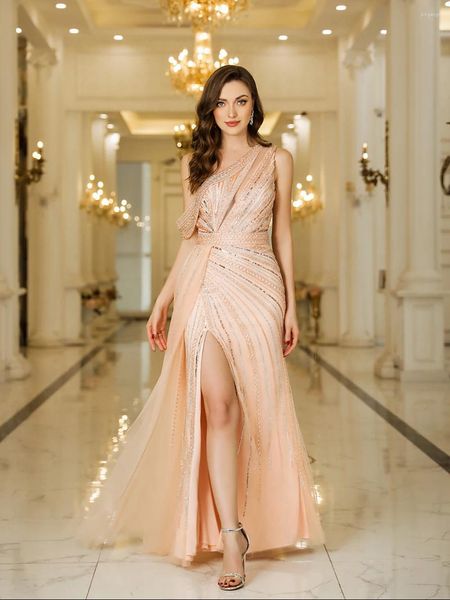 Vestidos casuais luxo contas cheias pedras mulheres maxi vestido para árabe dubai rosa um ombro perna fenda festa formal noite baile