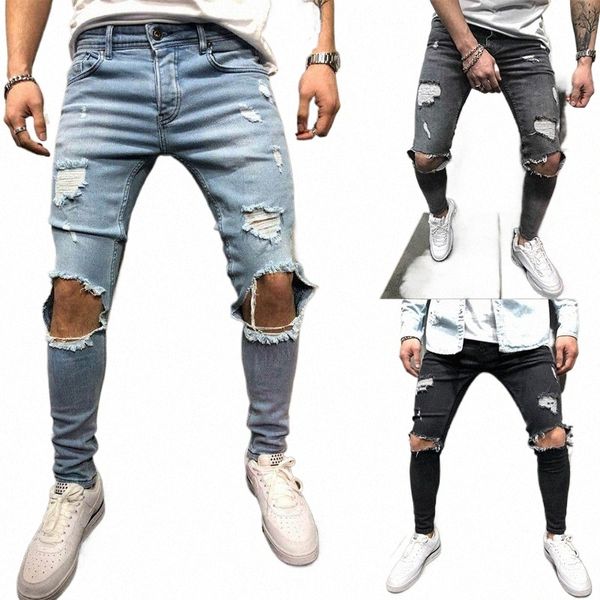 Новые рваные джинсы для мужчин Fi повседневные узкие джинсовые брюки-карандаш Мужская одежда брюки S-4XL Прямая поставка U9QS #
