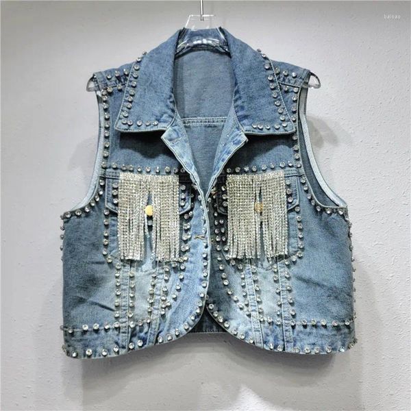 Coletes femininas trabalho pesado diamantes borlas denim colete mulheres magro curto cowboy colete coreano vintage azul sem mangas jeans jaqueta casaco