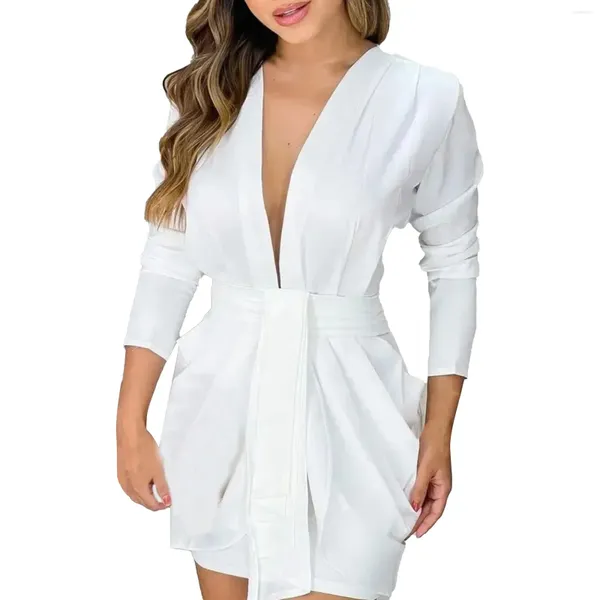 Lässige Kleider Weißes Hemd für Frauen Elegante lange Ärmel tiefer V-Ausschnitt Mini-Robe mit Gürtel Rüschen formelles Party-Arbeits-dünnes Kleid