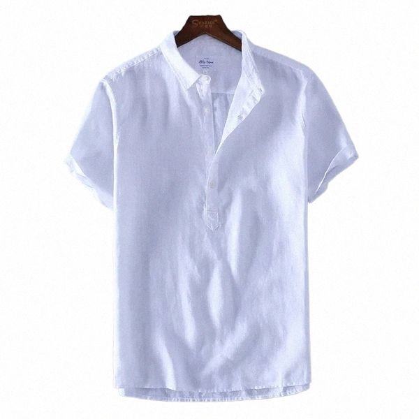 Schinte 100% lino estate camicia casual da uomo traspirante colletto rovesciato maniche corte pullover camicia comoda nuovo 89zJ #