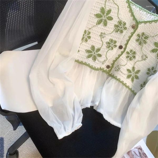 Kadın bluzları Vintage Hollow Out Kadınlar İçin Tığ işi Puff Uzun Kollu Örgü Hardigan Gömlek Tatlı Kadın Mahsul Top Güz Peplum Dropship
