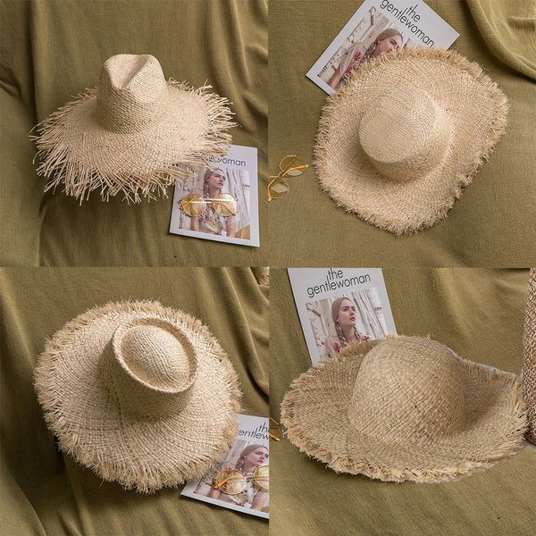 Handgefertigter Hut mit großer Krempe, übergroße Quastengrate, für Damen und Herren, Stroh-Sonnenhüte, natürlicher Bast, Panama, Strand, Sommer 240326