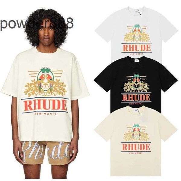 Rhude Long Tailed Parrot Print 230g Puro Algodão Fio Duplo High Street Casual Versátil Camiseta de manga curta para homens e mulheres