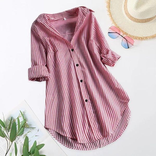 Camicette da donna Camicia a tunica da donna Maniche lunghe a righe Scollo a V Medio lungo Colletto rovesciato Allentato Casual Estate Elegante Camicetta con bottoni da donna Top