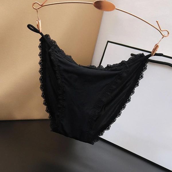 Damenhöschen, niedrige Taille, einfarbig, Baumwolle, Schrittunterwäsche, sexy Spitzenbesatz, Schwarz, für Damen, intime Dessous