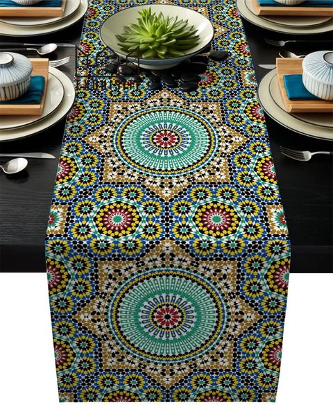 Льняная дорожка из мешковины Красочные Марокко Цветы Ислам Арабески Кухонные дорожки Ужин Вечеринка Свадебные мероприятия Декор 240322