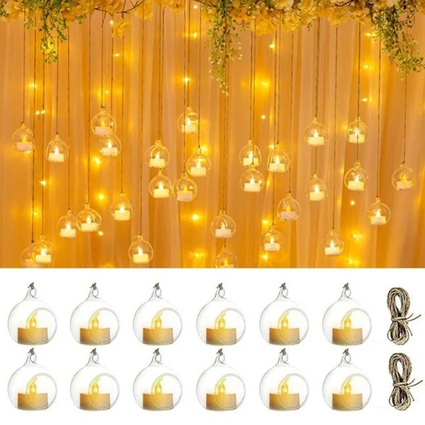 Alben 6/12 Stück Mini-Hängeglas-Teelicht-Kugel-Kerzenhalter mit LED-Kerze für Hochzeitsfeier, Baumdekoration