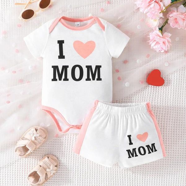 Kleidungssets Geborene Kleidung Baby Mädchen I Love Mom Briefdruck Kurzarm O-Ausschnitt Body Strampler Shorts Kleinkind Lässig