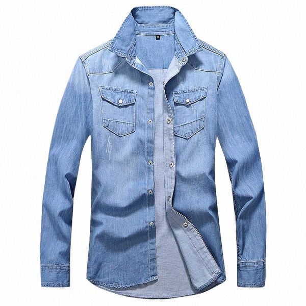 Novo estilo Primavera Outono Lazer Homens Denim Camisa Fina LG Manga Macia Dois Bolsos Slim Leve Jeans Cowboy 01Yb #