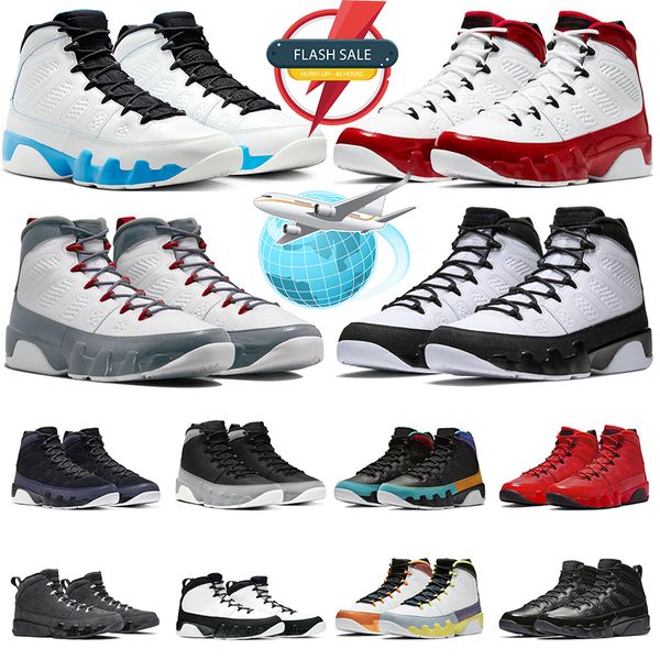 Box Jumpman 9 Basketbol Ayakkabıları 9s Ateş Kırmızı Toz Mavi Parçacık Gri UNC REMY RED Şili Blue Bred Patent Hafif Zeytin Heykeli Erkek J9 Spor Sabahları Trainer