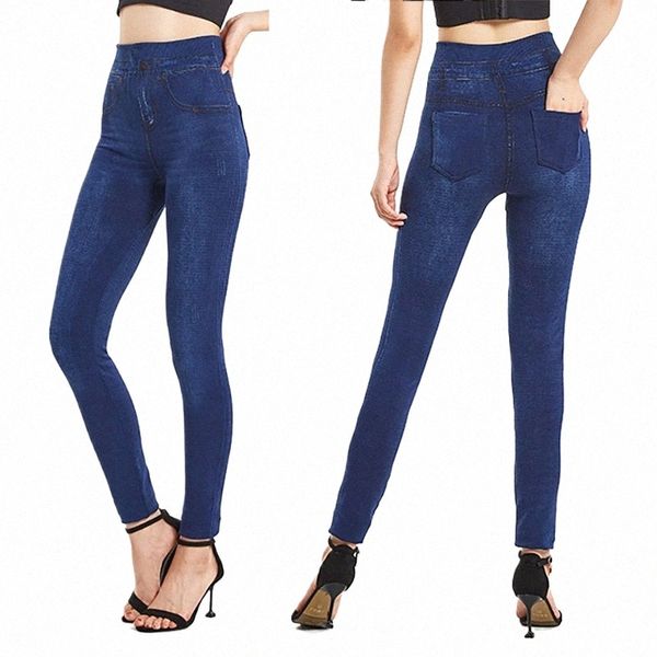 Visnxgi Stretchy Solid Color Plus Size Jeggings Fi False Jeans Frauen Enge Nahttaschen-Leggings Weiche Bleistifthosen d9w9 #
