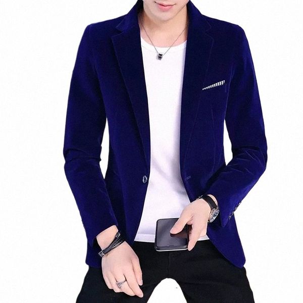 M-5XL Neue Gold Veet Männer Blazer Koreanische Fi Casual Dünne Anzug Jacke Dr Bühne Leistung Einfarbig Blau Kostüm homme M1KY #