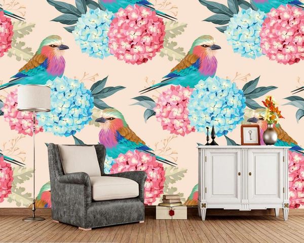 Wallpapers personalizado papel de parede floral bonito e murais de pássaros para sala de estar quarto sofá tv fundo decoração