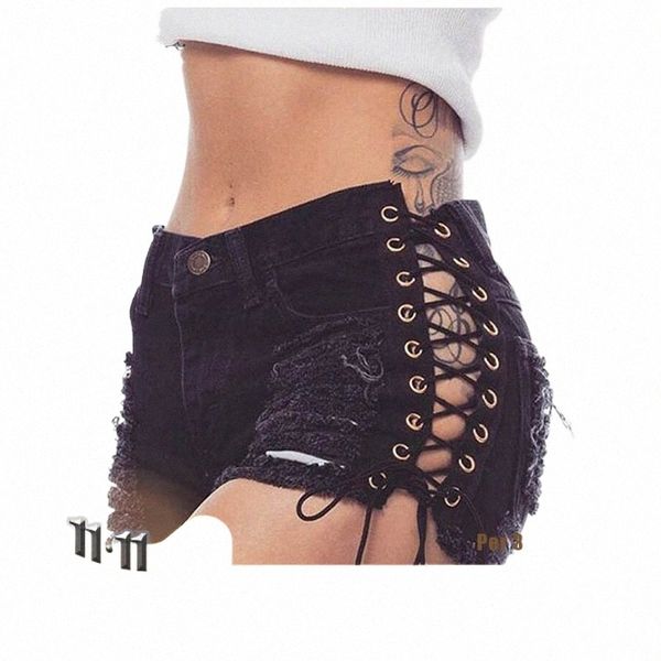 Rosetische gotische Denim -Shorts Verband Schwarzes Loch Sexy heiße FI Sommer Schlanker Jeans kurze Hosen Schnürung Goth Casual Shorts G4VH#