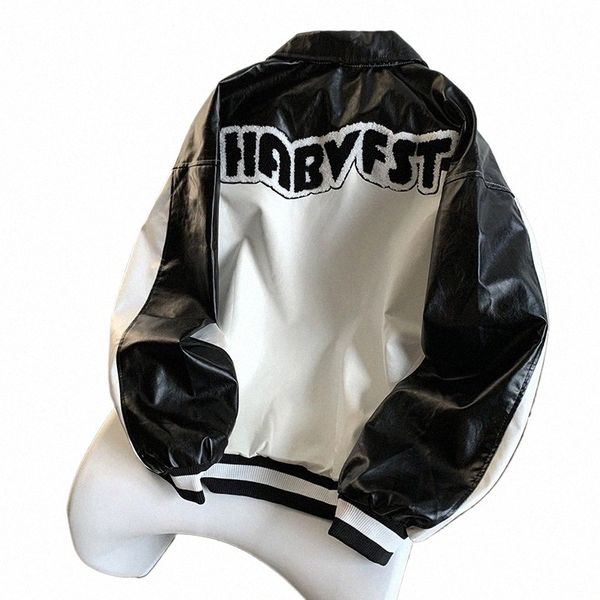 Herren Retro Liebesbrief Nähte PU-Lederjacke Einreiher Umlegekragen Hintern Lose Lässige Motorradjacken Mäntel 66AU #