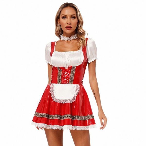 Damen Deutsches Oktoberfest-Kostüm PU-Leder Bayerisches Dirndl Dr. Bier Babe Cosplay Maid Dr mit Halsband Halen Outfits D3VL #