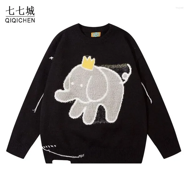 Suéter masculino outono pulôver de malha homens desenho animado elefante jacquard suéter solto japonês harajuku casual jumpers unissex streetwear