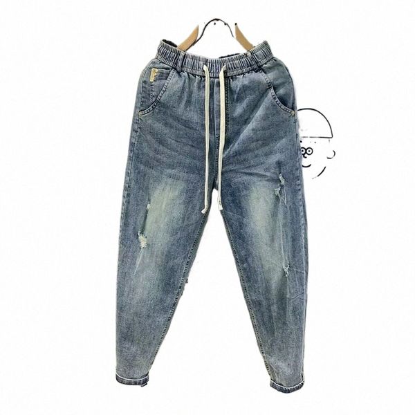 Yeni Varış Koreli Sıradan Drawstring Denim Harem Pantolon Erkek Kot Pantolon Bahar Sonbahar Fi Hip Hop Gevşek Delik Baggy Çar Kot 735W#