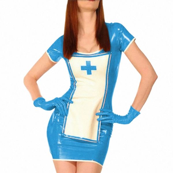 Novidade Mulheres Doce Sexy Brilhante PVC Patchwork Cruz Lápis Mini Dr e Luvas Engraçado Enfermeira Uniforme Traje Cosplay Halen H1R6 #