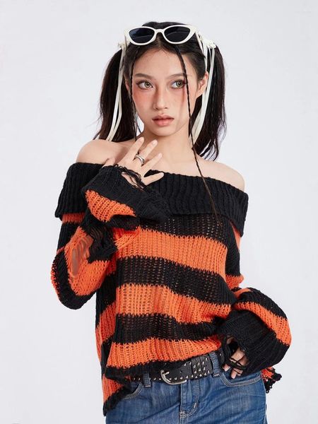 Suéteres femininos Mulheres S Off Ombro Knit Tops Stripe Print Rasgado Manga Longa Solta Gótico Punk Malhas