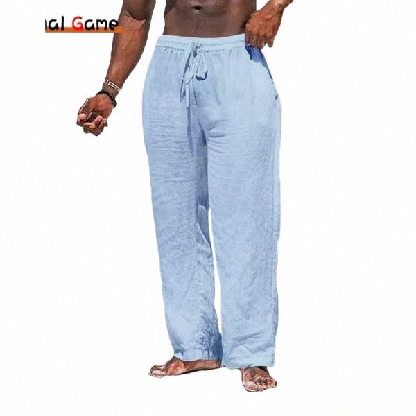 Pantaloni di lino da uomo Pantaloni casual Lg Pantaloni larghi leggeri con coulisse Pantaloni da spiaggia per yoga Pantaloni casual e8zw #