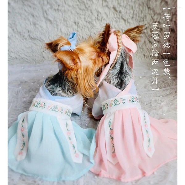 Abbigliamento per cani Vestiti per animali Han Fu Vestito per cani Abbigliamento Gatto Piccolo fiore Ricamo Gonna Hanbiuk Carino sottile Summer Girl Prodotti 2024