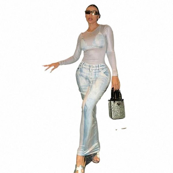 Cutenova Donna Falso Blue Jeans Set Stampa Dr Girocollo Manica Lg Quotidiano Fi Dres Sexy Casual Streetwear In Autunno d4So #