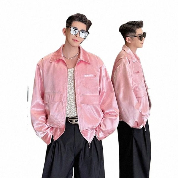 Noymei Show Style Imitati Acido acetico Raso All-match Zipper Jacket Pink Men 2024 Spring Design Cappotto corto Fi WA4114 I0DJ #