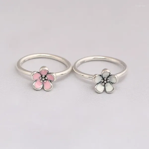 Anelli a grappolo Anello con fiore di ciliegio in autentico argento sterling 925 con smalto rosa e bianco compatibile con gioielli europei