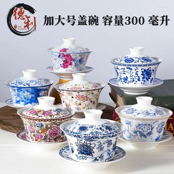 Conjuntos de chá extra grande 300ml osso chinês cerâmica azul branco coberto tigela chá bolha copo casa decro amigo presente