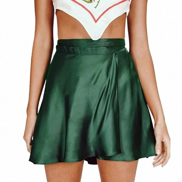 avvolgere mini gonna in raso verde donna volant nero stile vintage coreano seta rosa gonne corte kawaii lolita abbigliamento estate spiaggia P2Uh #