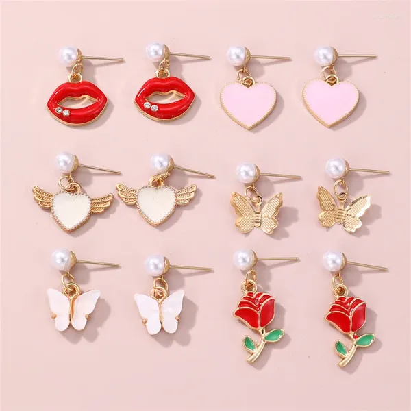 Ohrstecker, modisch, vergoldet, Rose, Herz, Liebe, Schmetterling, Lippen-Charm, Emaille-Ohrring-Set, Schmuck für Frauen und Mädchen, Geschenk