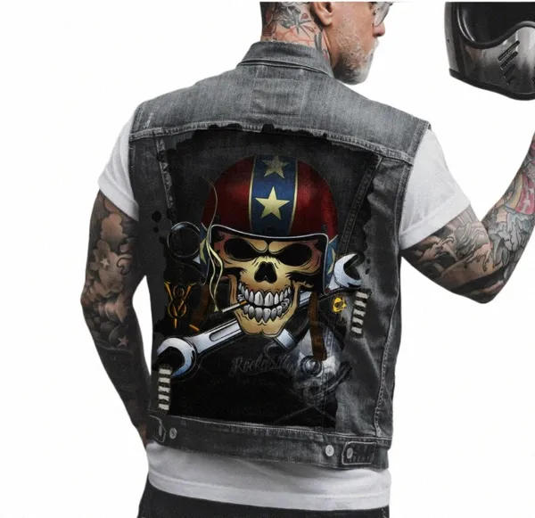 Uomini Moto Biker Denim Vest Distred Hole Devil Stampa Punk Rock Sleevl Giacca modello classico Pittura Gilet w38l #