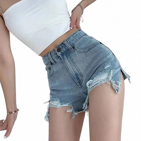 mexzt cintura alta denim shorts mulheres sexy buraco desgastado fenda jeans verão fi streetwear harajuku casual magro uma linha calças quentes y11R #