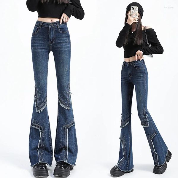 Calças de brim femininas retalhos strass queimado mulher estiramento cintura alta vintage magro boot-cut calças mujer moda denim calças femme azul