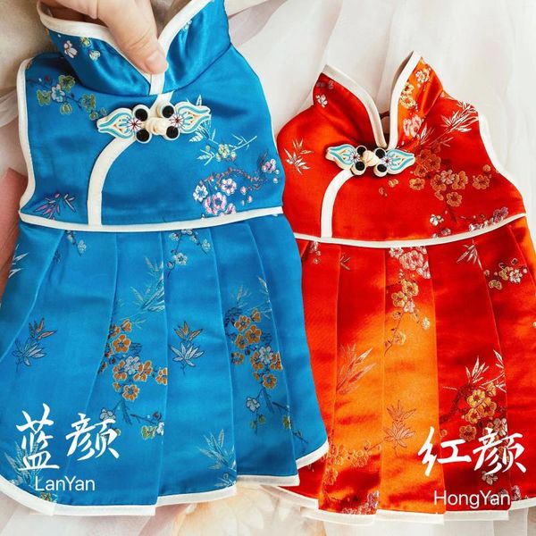 Vestido de vestuário de cachorro botão de roupa azul vermelha vestido de estimação chinês de estilo cheongsam festivo