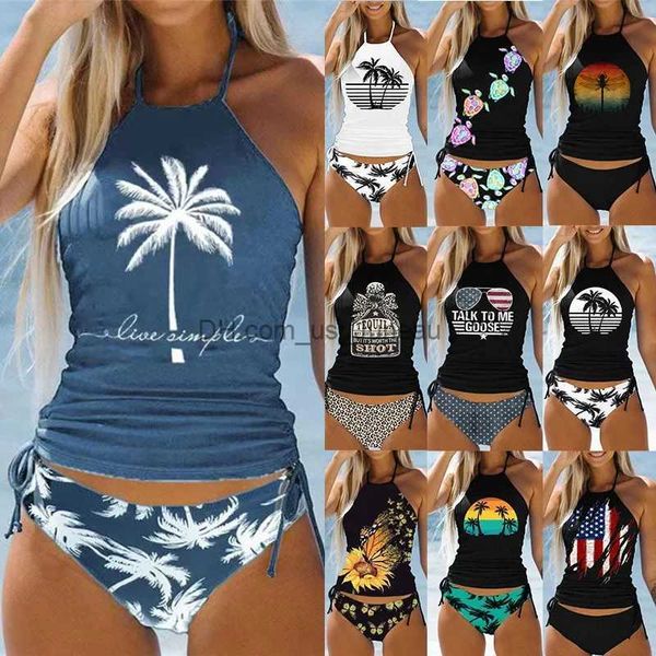 Kadın Mayo Kadınları Mayo Kıyafet Hindistan Cevizi Drawstring Yan Halter Boyun Tankini Seti Yaz Plajı Giyim Sevimli Mayo Kadın Mayo Seksi Bikini T240328
