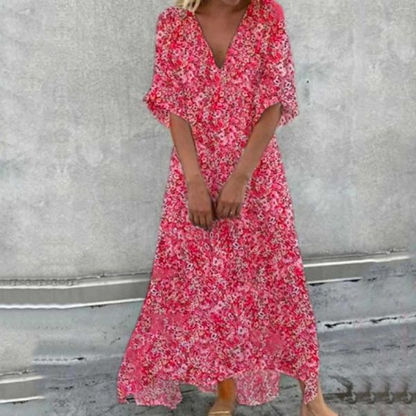 Vestidos casuais mulheres vintage maxi 2024 verão manga curta vestido impresso fenda longa saia senhoras boho solto praia festa elegante