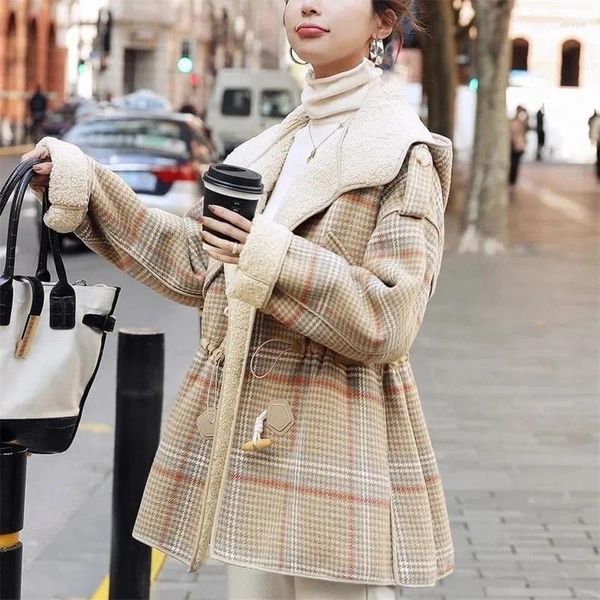 Женские куртки, зима 2024, длинные женские корейские версии для отдыха, все со свободным клетчатым шерстяным пальто плюс утолщенное кашемировое пальто