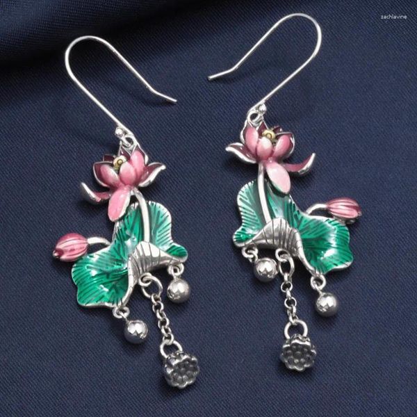 Dangle brincos estilo étnico 925 prata esterlina esmalte flor de lótus borla vintage rosa verde pendurado jóias feminino eh182