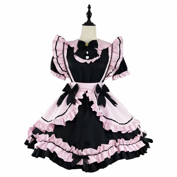 Anime Gothic Lolita JSK Dr manica corta Kawaii Bow Maid Party Dres Cosplay Cats Girl Harajuku Cute Pink Ruffles Nero A1UH #