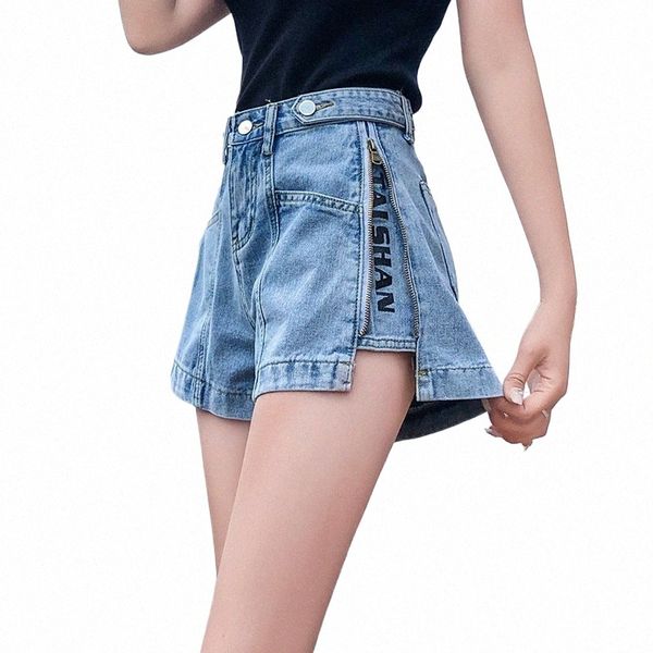 S-5xl Shorts Jeans Feminino Fi Vintage Cintura Alta Azul Perna Larga Feminino Zíper Lateral Caual Verão Senhoras Shorts Jeans Z6R3 #