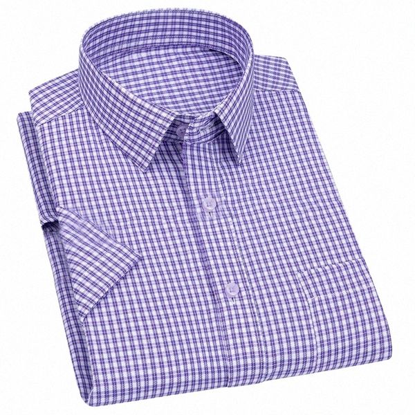 Мужская рубашка Busin, повседневная рубашка с короткими рукавами, классическая полосатая клетка в клетку, мужские рубашки Social Dr, фиолетовая, синяя, 6XL, большие размеры, 63fY #