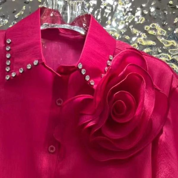 Frauen Blusen Diamanten 3D Blumen Stich Camisas 2024 Sommer Kurzarm Shirts Und Für Frauen Sexy Durchsichtig Tops Blusas