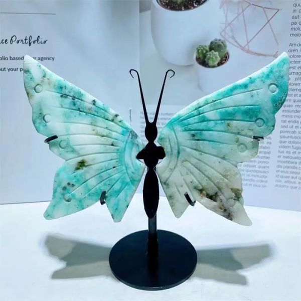 Esculturas naturais crisocolla asas de borboleta escultura em cristal artesanato cura energia pedra da sorte decoração para casa presente de aniversário 1 par