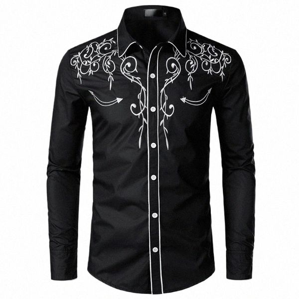 Şık batı kovboy gömlek erkek marka tasarım nakış ince fit rahat lg kol gömlek erkekler için düğün parti gömlek erkek p5m6#